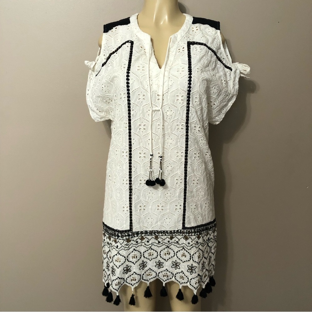 Hemant & Nandita Aditya Embroidered Tassel Mini Cream and Black Dress XS
